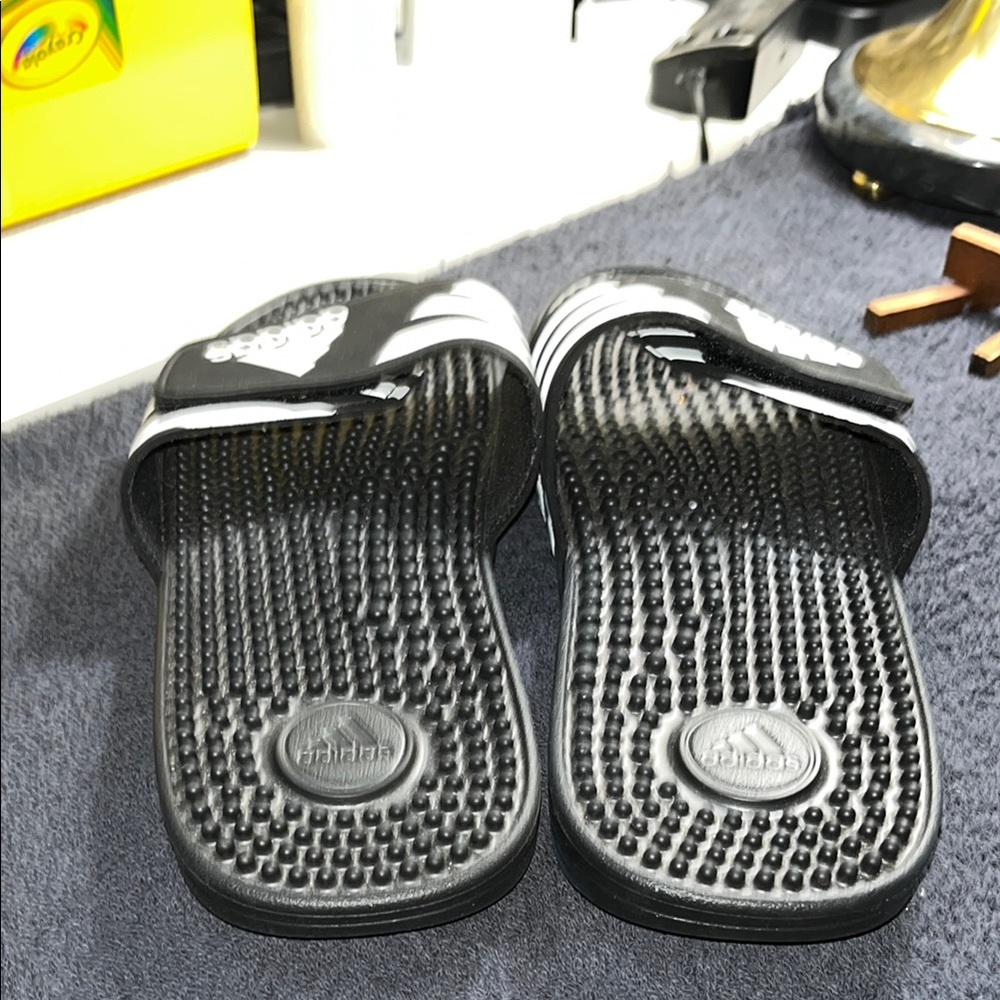 Adidas Black and White Striped Slides - Picture 4 of 6